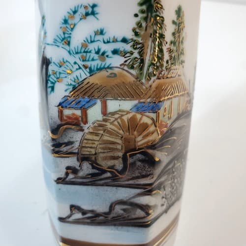 Vtg Japanese Porcelain Whistling Sake Decanter Village Water Wheel Motif Japan - Thumbnail 8