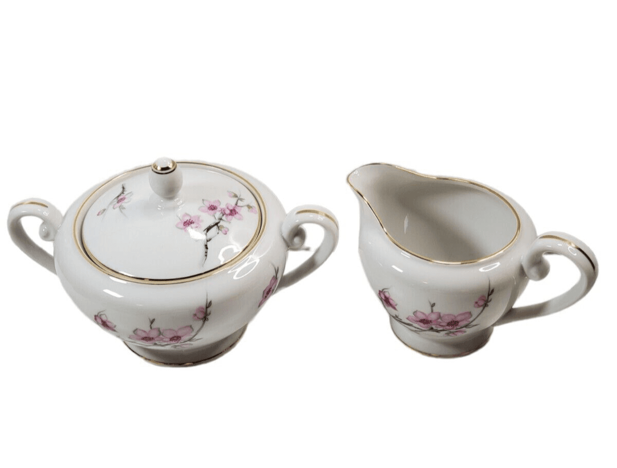Vintage Diamond China CHERRY BLOSSOM made In Japan Creamer & Lidded Sugar Bowl