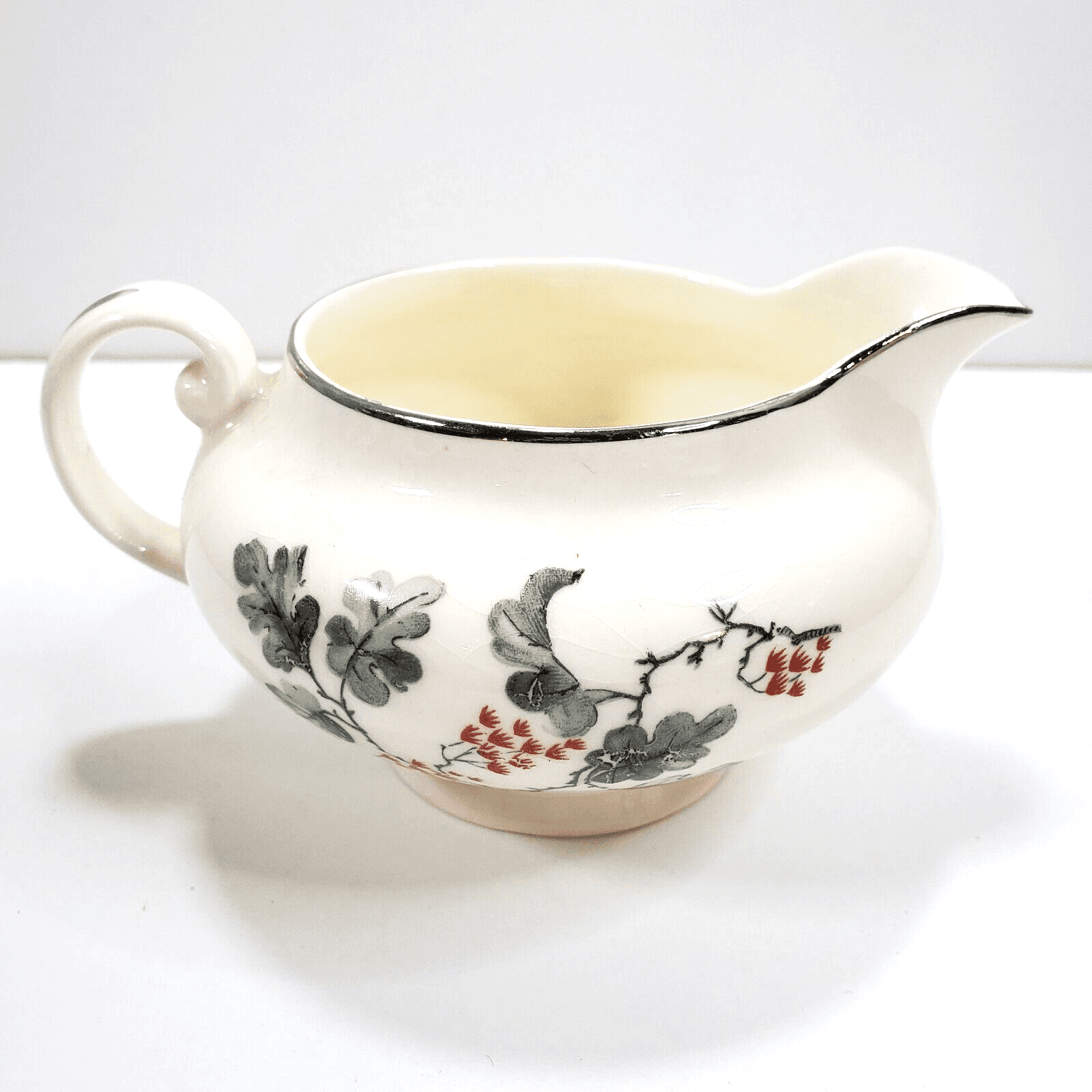 Vintage Pope-Gosser China Gray Leaves Red Blossoms Silver Rimmed Creamer 0275