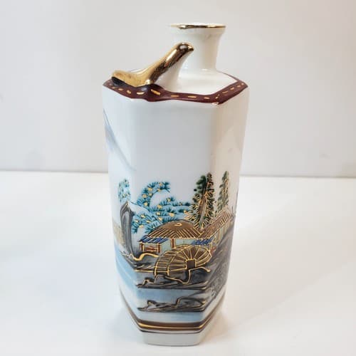 Vtg Japanese Porcelain Whistling Sake Decanter Village Water Wheel Motif Japan