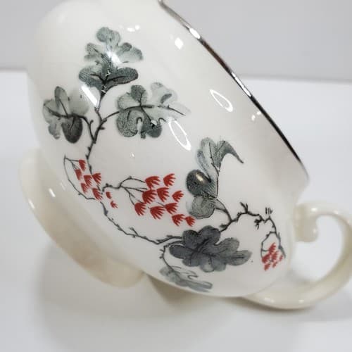 Vintage Pope-Gosser China Gray Leaves Red Blossoms Silver Rimmed Creamer 0275 - Thumbnail 3