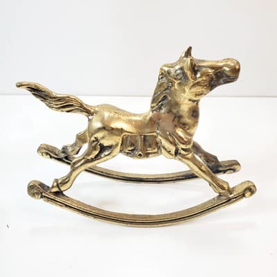 Vintage Brass Rocking Horse Figurine Equestrian Nursery Whimsical Heavy Patina - Thumbnail 3