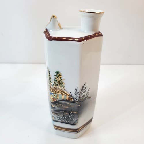 Vtg Japanese Porcelain Whistling Sake Decanter Village Water Wheel Motif Japan - Thumbnail 4