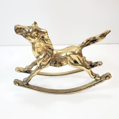 Vintage Brass Rocking Horse Figurine Equestrian Nursery Whimsical Heavy Patina