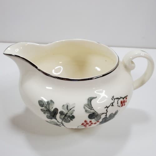 Vintage Pope-Gosser China Gray Leaves Red Blossoms Silver Rimmed Creamer 0275 - Thumbnail 5