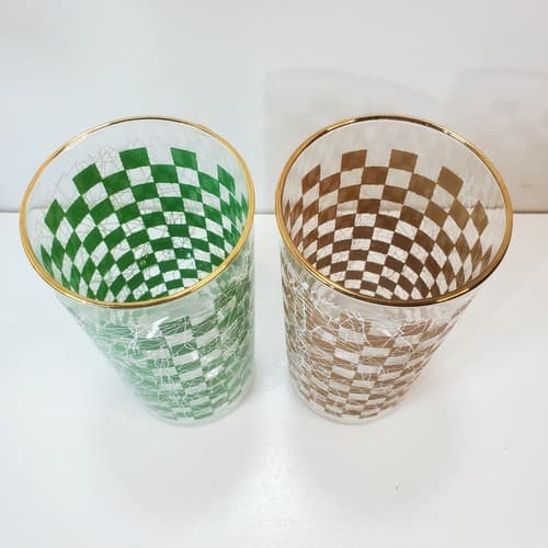 Vintage MCM Brown Green Checkered Spaghetti Tumblers 12oz Tall Drinking Glasses - Thumbnail 5
