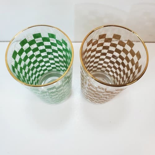 Vintage MCM Brown Green Checkered Spaghetti Tumblers 12oz Tall Drinking Glasses - Thumbnail 4