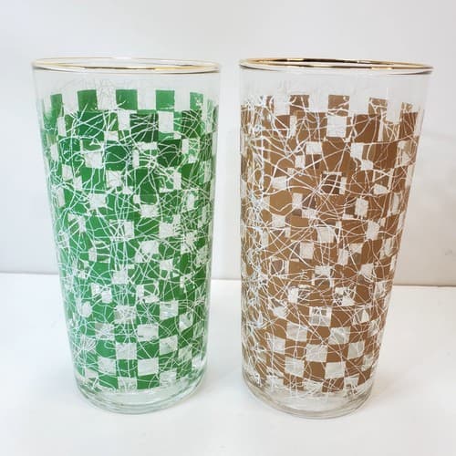 Vintage MCM Brown Green Checkered Spaghetti Tumblers 12oz Tall Drinking Glasses