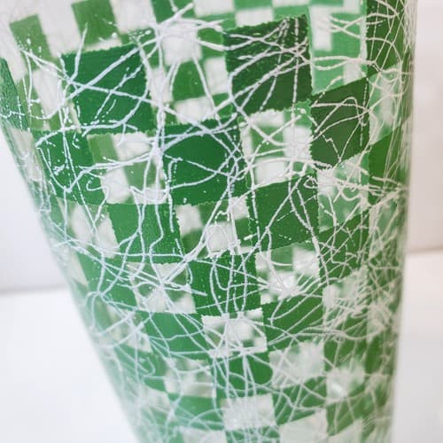 Vintage MCM Brown Green Checkered Spaghetti Tumblers 12oz Tall Drinking Glasses - Thumbnail 2