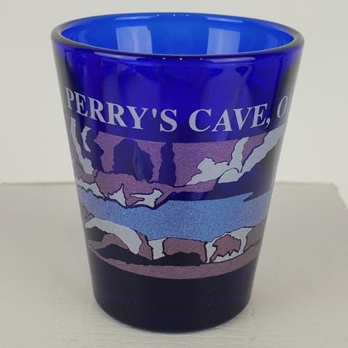 Vintage Blue Glass Perry's Cave Ohio Souvenir Shot Glass Natural Landmark Libbey - Thumbnail 3