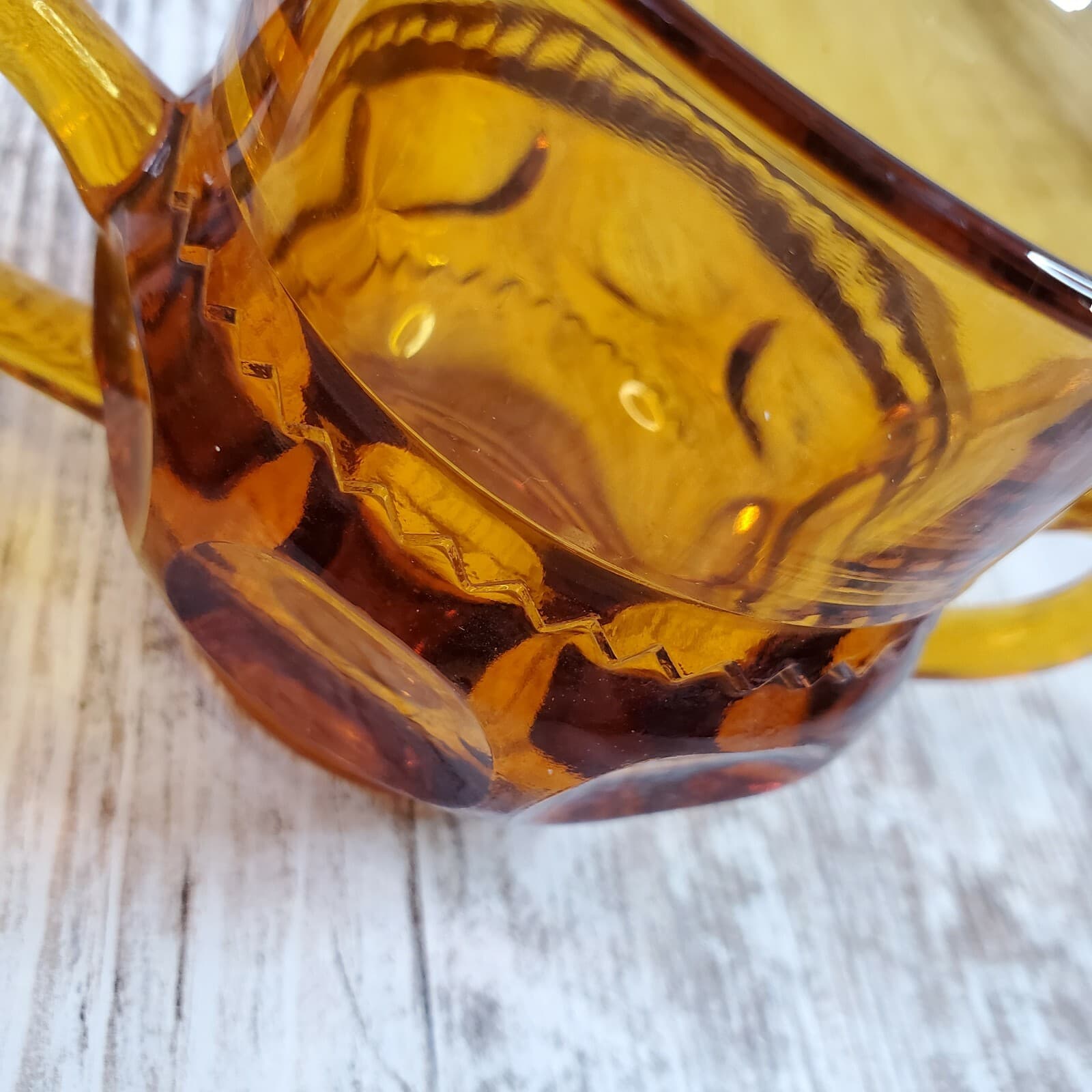 Vintage Amber Indiana Glass King's Crown Thumb Print Creamer & Sugar Bowl - Thumbnail 2