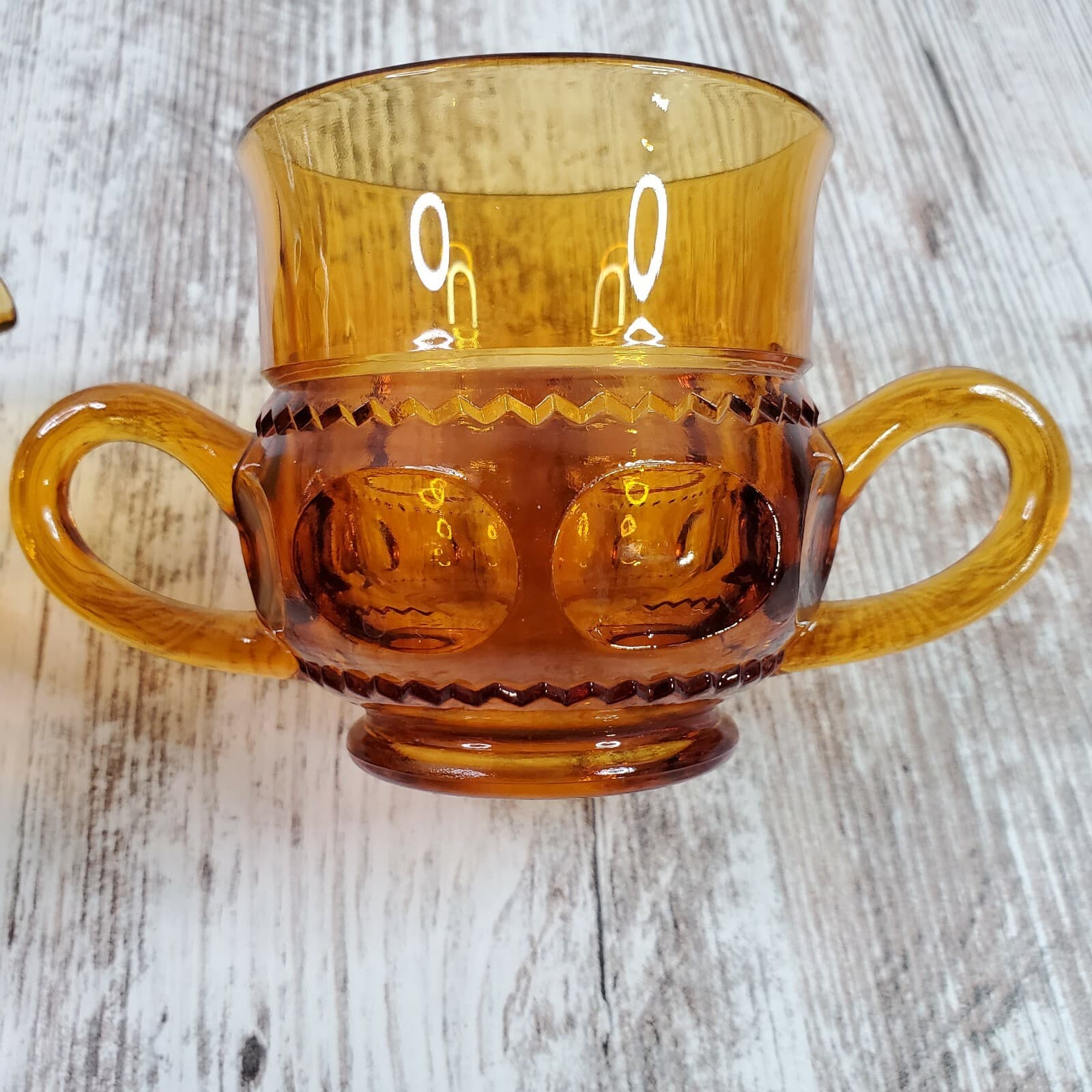 Vintage Amber Indiana Glass King's Crown Thumb Print Creamer & Sugar Bowl - Thumbnail 4
