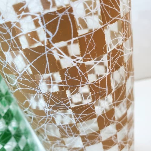 Vintage MCM Brown Green Checkered Spaghetti Tumblers 12oz Tall Drinking Glasses - Thumbnail 3