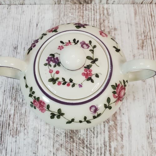 Eschenbach Bavaria Germany Elfenbein Porzellan Sugar Bowl w Lid Floral 2 Handle - Thumbnail 2