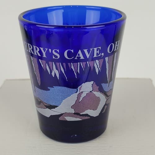 Vintage Blue Glass Perry's Cave Ohio Souvenir Shot Glass Natural Landmark Libbey