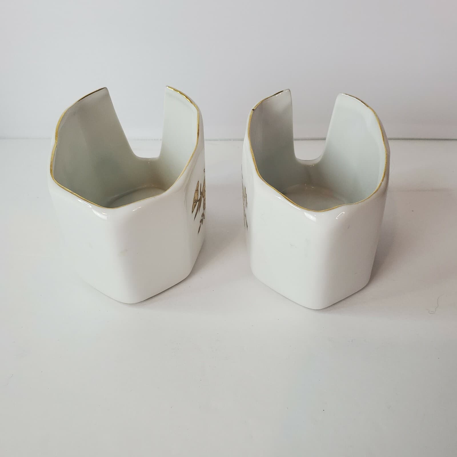 2 Vintage Andrea by Sadek White Porcelain Spoon Holders Rest 7736 Gold Flowers - Thumbnail 3