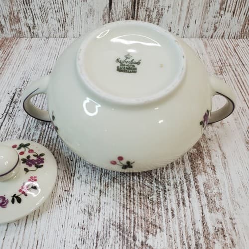 Eschenbach Bavaria Germany Elfenbein Porzellan Sugar Bowl w Lid Floral 2 Handle - Thumbnail 6
