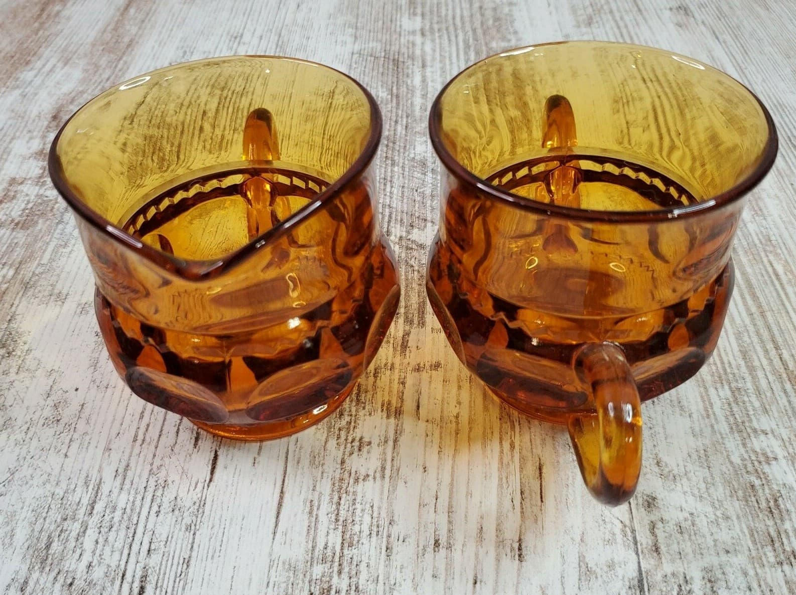 Vintage Amber Indiana Glass King's Crown Thumb Print Creamer & Sugar Bowl - Thumbnail 10