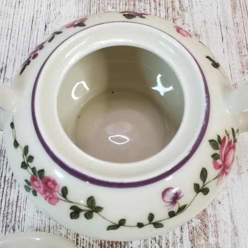 Eschenbach Bavaria Germany Elfenbein Porzellan Sugar Bowl w Lid Floral 2 Handle - Thumbnail 3