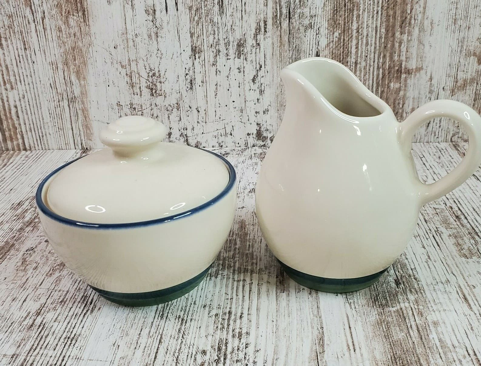 Pfaltzgraff Ocean Breeze Green Blue Band Creamer Mini Pitcher & Sugar w Lid Set