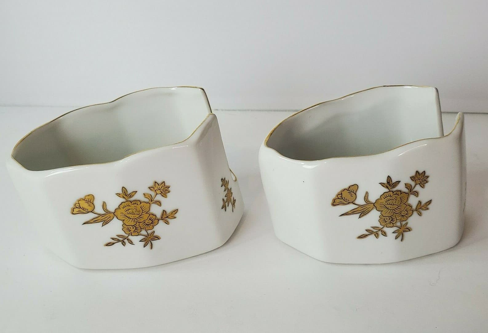 2 Vintage Andrea by Sadek White Porcelain Spoon Holders Rest 7736 Gold Flowers - Thumbnail 4