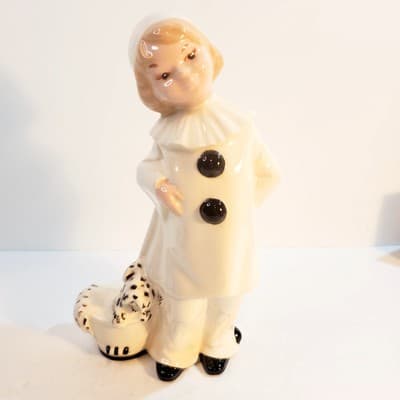 Vtg 1980 Byron Mold Pierrot Clown w/ Dog Black White Art Deco Ceramic Figurine