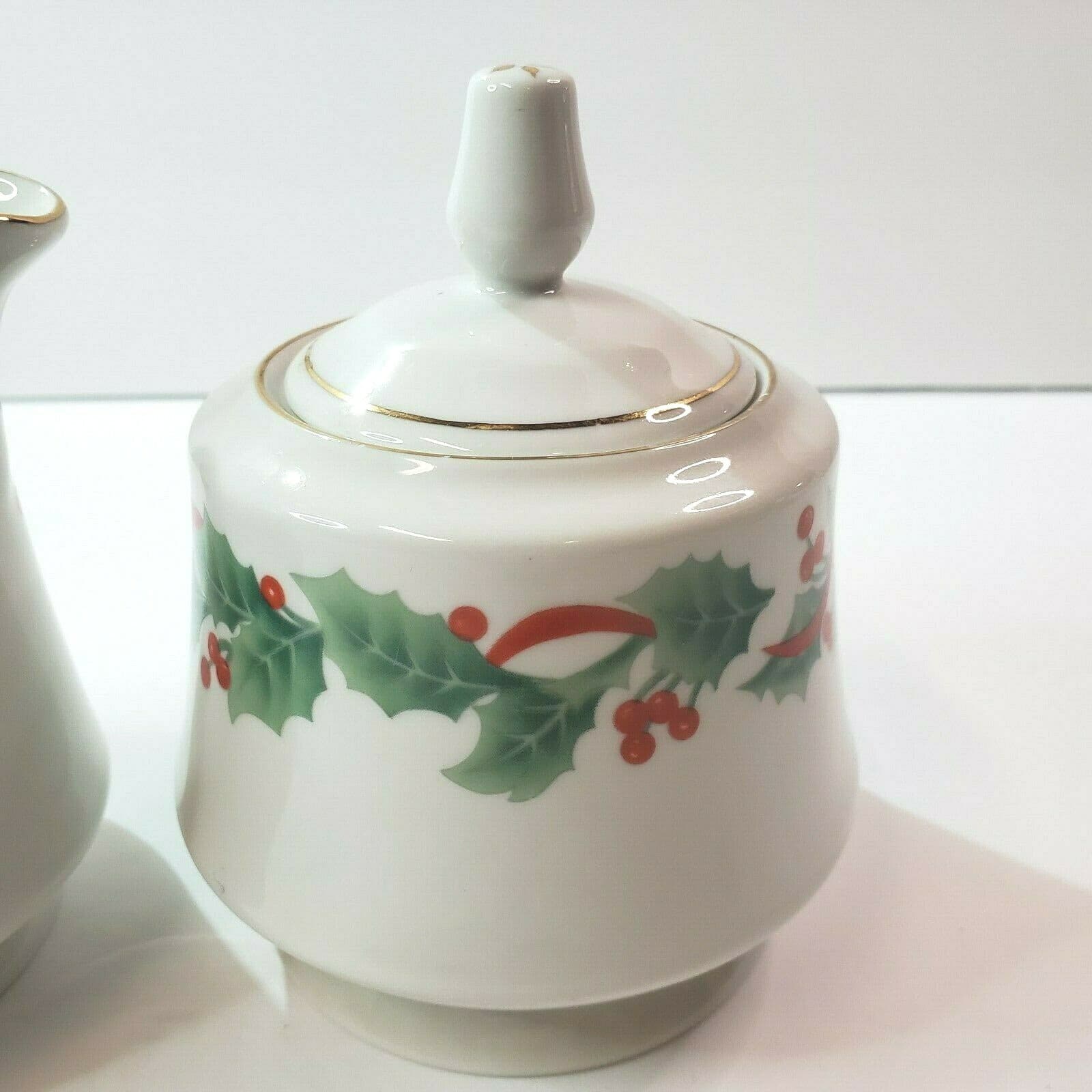 Vtg Sango 1990 Noel Christmas Sugar And Creamer Bells Holly Berries Ribbon 8401 - Thumbnail 3