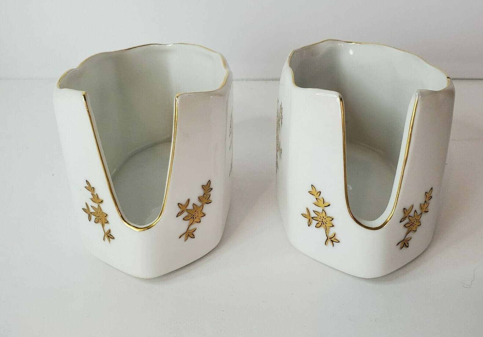 2 Vintage Andrea by Sadek White Porcelain Spoon Holders Rest 7736 Gold Flowers
