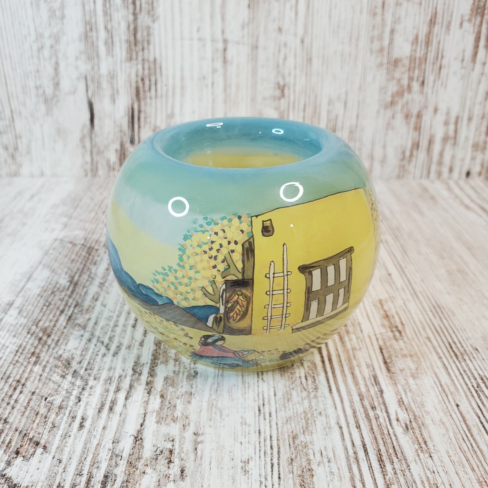 Vintage Lawrence Vargas Design Glass Reverse Hand Painted Candle Votive Holder