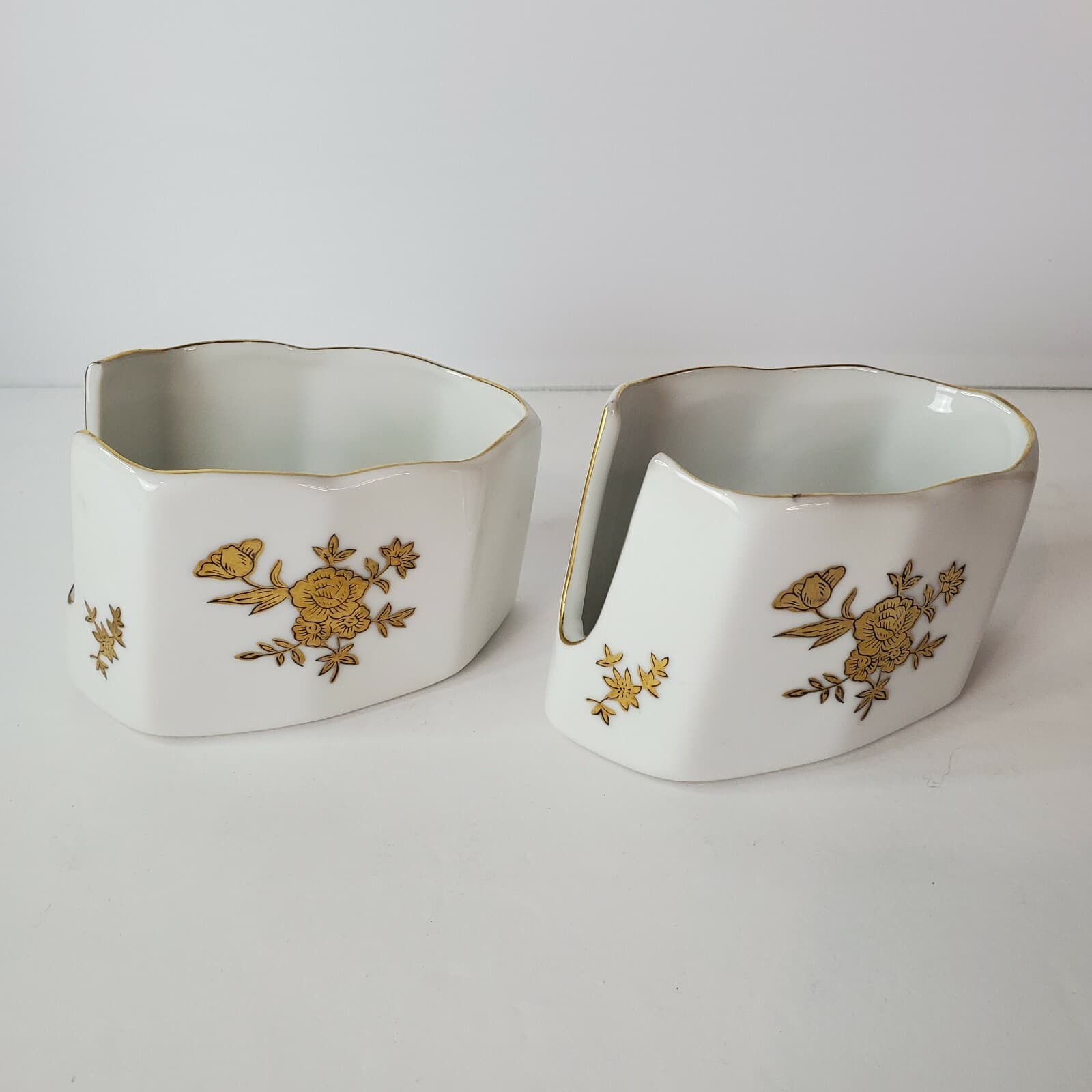 2 Vintage Andrea by Sadek White Porcelain Spoon Holders Rest 7736 Gold Flowers - Thumbnail 2