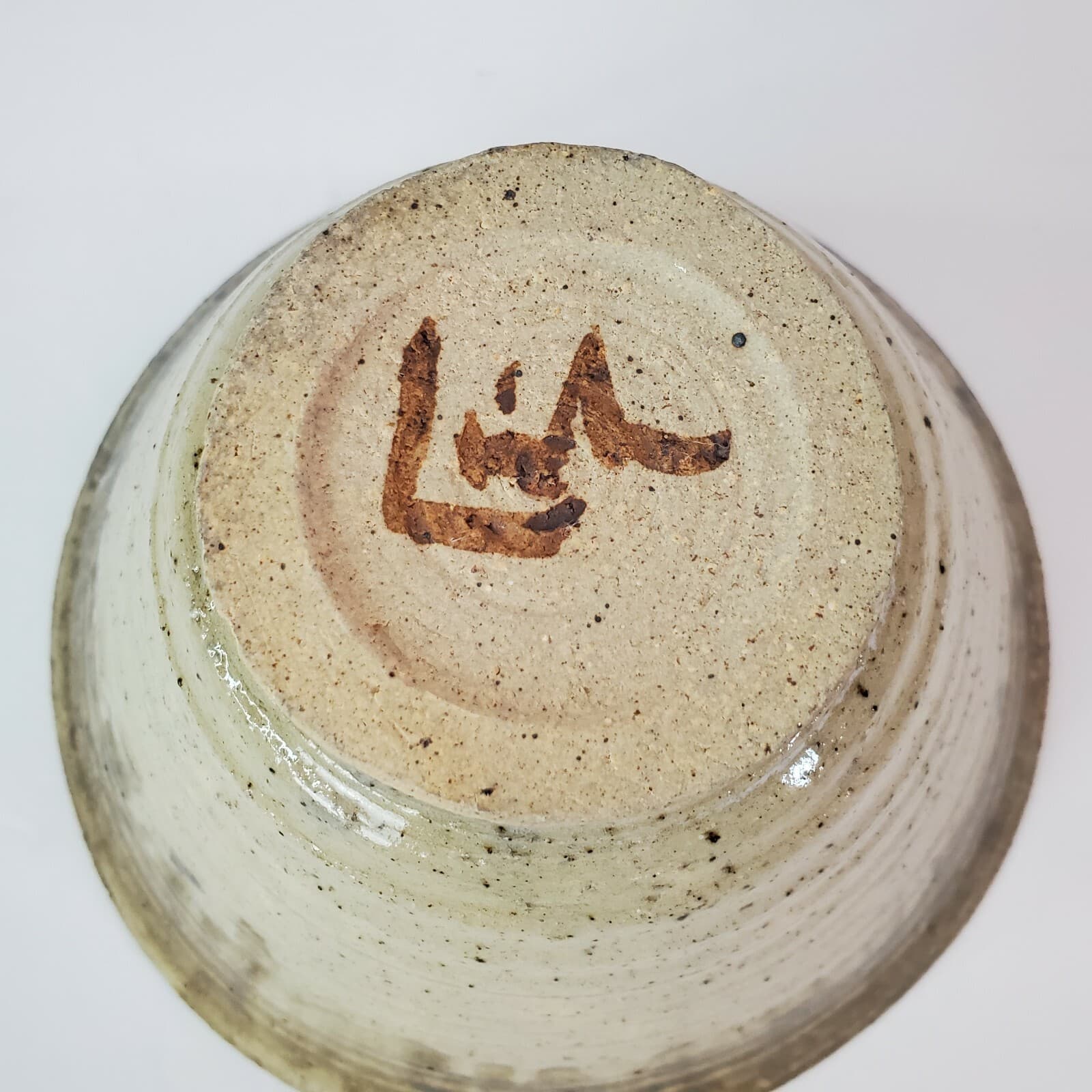Hand Thrown Art Pottery Brown Tan Drip Glazed V-Shaped Bowl Flower Design Signed - Thumbnail 4
