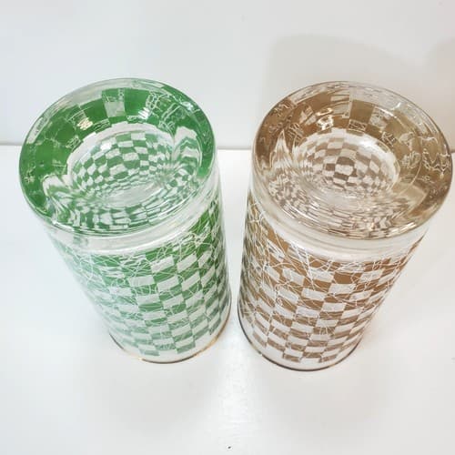 Vintage MCM Brown Green Checkered Spaghetti Tumblers 12oz Tall Drinking Glasses - Thumbnail 6