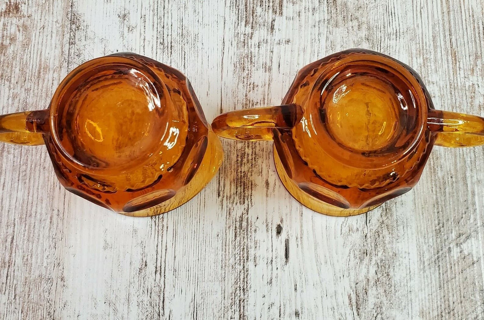 Vintage Amber Indiana Glass King's Crown Thumb Print Creamer & Sugar Bowl - Thumbnail 7