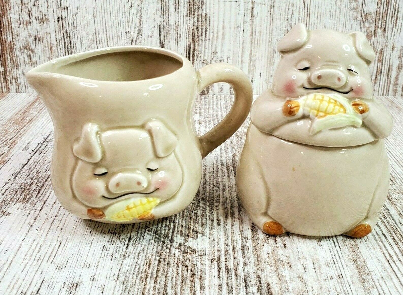 Vintage Lefton Korea Pig Piglet Hog Piggy Corn Figural Cream And Sugar Set 03630
