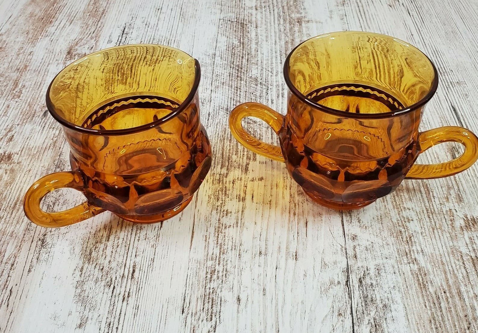 Vintage Amber Indiana Glass King's Crown Thumb Print Creamer & Sugar Bowl