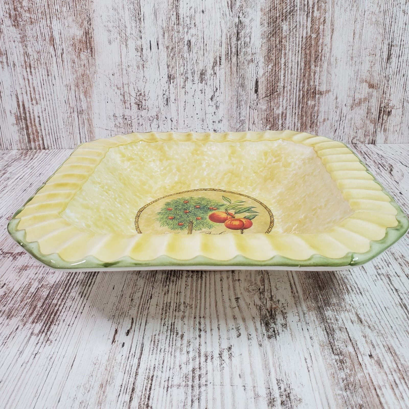 Vtg Due Torri Ceramica Made in Italy Serving Bowl Peach Tree Design Ribbed Edge - Thumbnail 3