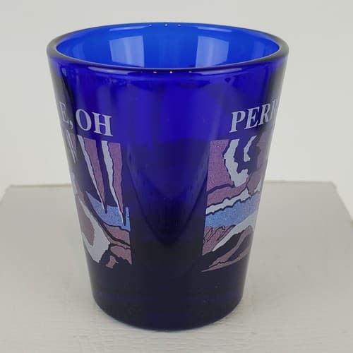 Vintage Blue Glass Perry's Cave Ohio Souvenir Shot Glass Natural Landmark Libbey - Thumbnail 2