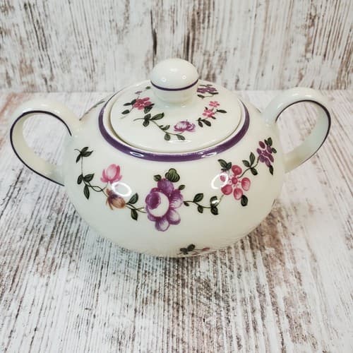 Eschenbach Bavaria Germany Elfenbein Porzellan Sugar Bowl w Lid Floral 2 Handle - Thumbnail 8