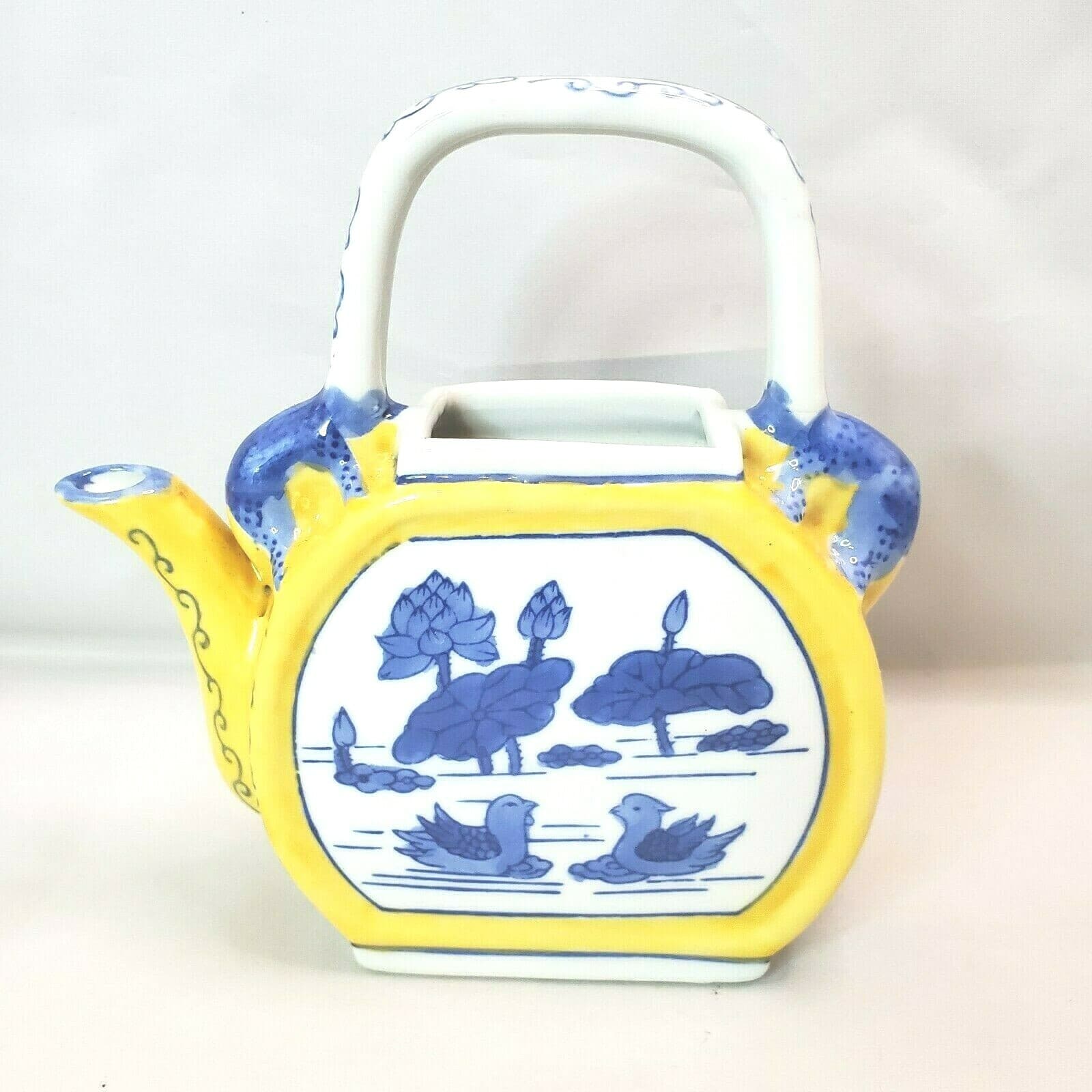 Porcelain Treasures Small Flat Blue Yellow White Teapot Ducks, NO LID Planter
