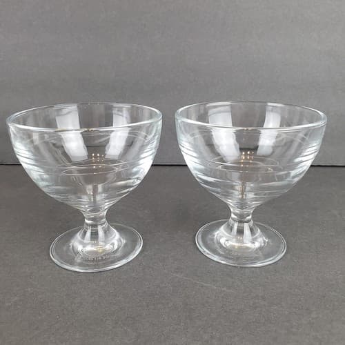 2 Vtg Duralex Pedestal Ice Cream Cups Clear Glass Footed Sherbet Made in France