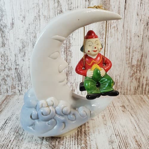 Vintage 1960 China Bisque Musical Moon And Clown plays "Swinging on a star"