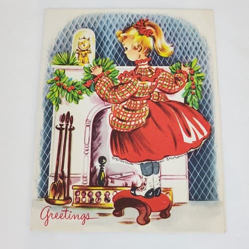 Vintage Christmas Card Girl Decorating Fireplace Artistic Card Ephemera USA