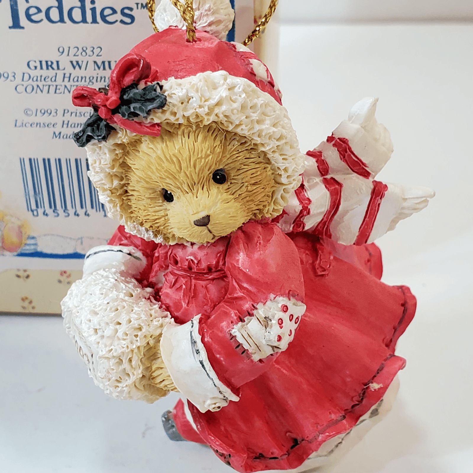 Vtg Cherished Teddies Girl with Muff Ornament Figure Teddy Bear 1993 Christmas - Thumbnail 2