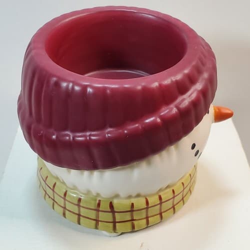 Yankee Candle Snowman Head Tealight Holder Burgundy Hat Plaid Scarf - Thumbnail 5