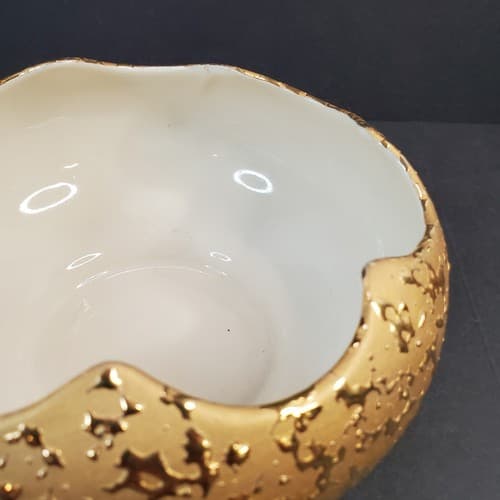 Vintage 22K Weeping Bright Gold Scalloped Ceramic Console Planter Bowl U.S.A. - Thumbnail 6