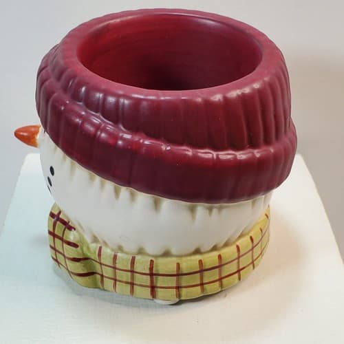 Yankee Candle Snowman Head Tealight Holder Burgundy Hat Plaid Scarf - Thumbnail 3
