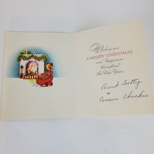 Vintage Christmas Card Girl Decorating Fireplace Artistic Card Ephemera USA - Thumbnail 2