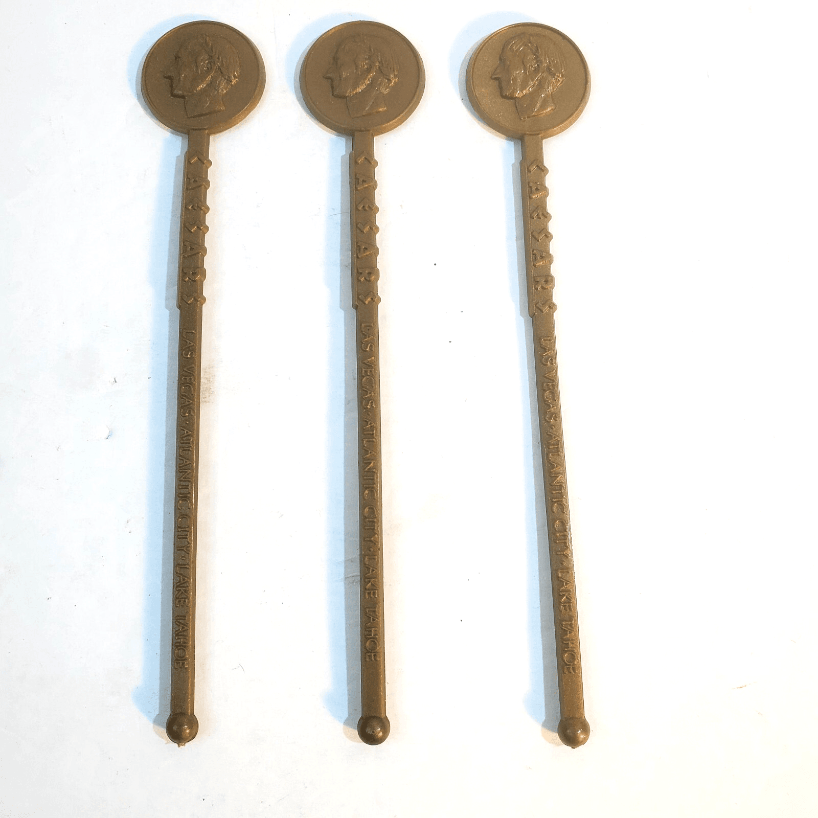 3 Vtg Caesars Palace Las Vegas Nevada Gold Plastic Swizzle Stick Cocktail Mixer