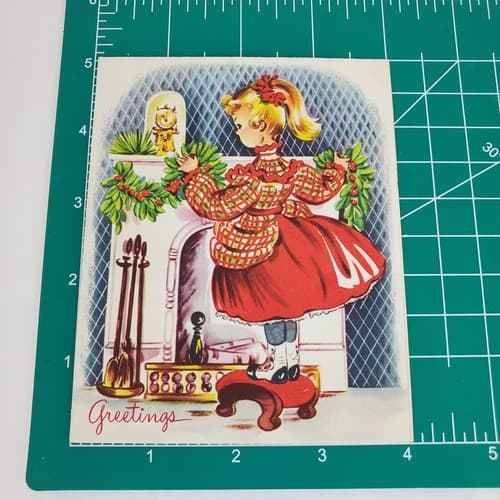 Vintage Christmas Card Girl Decorating Fireplace Artistic Card Ephemera USA - Thumbnail 7