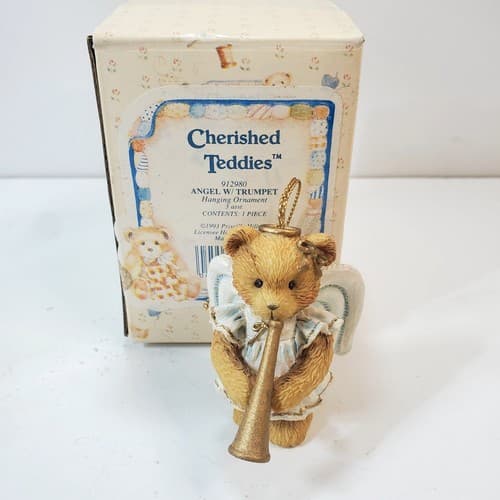 Vintage Cherished Teddies Angel Bear with Trumpet Horn Ornament Figure 1993